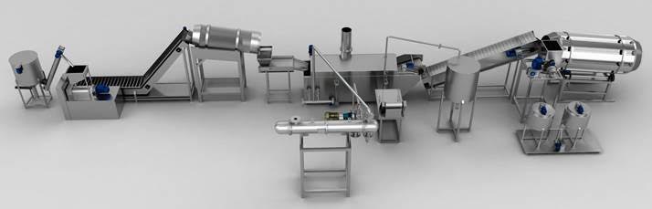 Batch, Semi-Automatic and Automatic Extrusion machines for Corn Puffs, Kurkure, Corn Curls. Baked Extruded Snack lines for Breakfast Cereal, Capacity of 50kg/hr, 100kg/hr, 200kg/hr 300kg/hr.